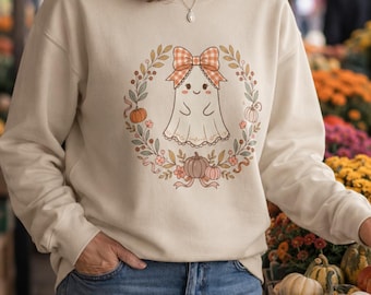 Coquette Ghost Sweatshirt, Floral Pumpkin Halloween Pullover, Fall Cottagecore Gift