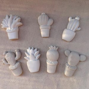 Può includere: Un set di sette ornamenti decorativi grigio chiaro con finitura opaca, a forma di vari cactus in piccoli vasi. Ogni pezzo presenta texture e forme distinte, inclusi design nervati, arrotondati e spinosi, tutti in un colore uniforme.