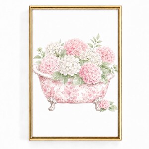Pink Hydrangea Bath Watercolor Print – Chinoiserie Cottage Wall Art (Digital Download)