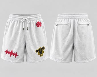 Pantalones cortos de baloncesto personalizados, pantalones cortos de malla bordados con parches florales y estampados, pantalones cortos de anime, pantalones cortos deportivos casuales para hombre, pantalones cortos blancos