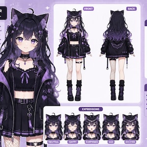 May include: A digital character reference sheet for a VTuber model featuring a character with long black and purple hair, cat ears, and a black and purple outfit. The sheet includes front and back views, five facial expressions, and a colour palette.