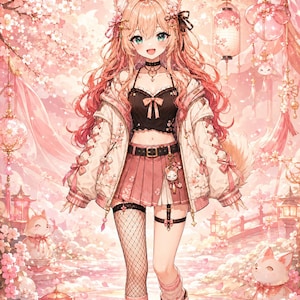 May include: An anime-style character with long pink hair and fox ears, wearing a black crop top with a bow, a pink pleated skirt, and a white jacket with cherry blossom patterns. The outfit includes fishnet stockings, a garter, and dark boots.