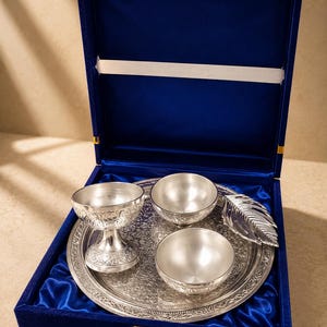 German Silver Pooja Thali Set with Premium Red Velvet Gift Box, Hindu Prayer Plate for Home Temple, Diwali, Wedding and Housewarming Gift German Silver Pooja Thali Set | Handcrafted Puja Thali, Diwali Gift, Home Temple (Velvet Box)