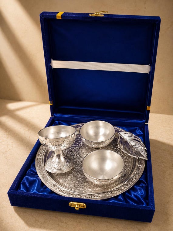 German Silver Pooja Thali Set with Velvet Gift Box Hindu Prayer Plate Silver Pooja Set Diwali Gift Housewarming Gift 5 Piece Puja Thali Set