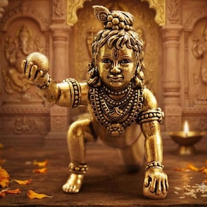 May include: A metallic gold-toned statue of a child deity in a crawling position, adorned with intricate beaded necklaces, armbands, and a peacock feather in the hair, holding a small spherical object in the right hand with a serene expression.