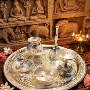 May include: A silver-toned metal puja thali set featuring a large round tray with intricate floral engravings, a small kalash, a bell with a long handle, a diya lamp, a small bowl with a spoon, and a tiny incense holder, all arranged together.
