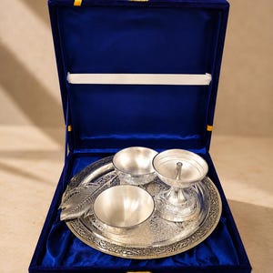 German Silver Pooja Thali Set with Velvet Gift Box Hindu Prayer Plate Silver Pooja Set Diwali Gift Housewarming Gift 5 Piece Puja Thali Set image 3