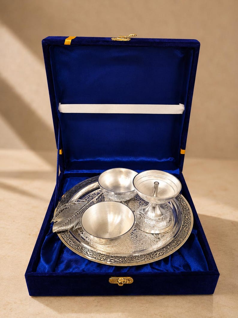 German Silver Pooja Thali Set with Velvet Gift Box Hindu Prayer Plate Silver Pooja Set Diwali Gift Housewarming Gift 5 Piece Puja Thali Set image 3