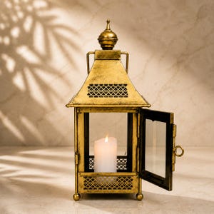 Puede incluir: Un farol de metal dorado con acabado desgastado, que presenta una parte superior puntiaguda, un asa y recortes de celos&iacute;a intrincados. El farol tiene una puerta con bisagras abierta, revelando una vela de pilar blanca en su interior.
