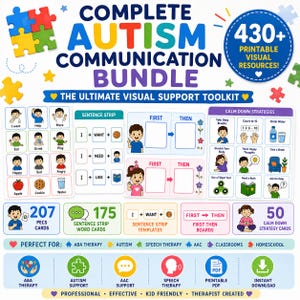 Op de afbeelding: Een digitale printbare bundel genaamd Complete Autism Communication Bundle met 430+ visuele bronnen. Bevat 207 PECS-kaarten, 175 zinsstrook-woordkaarten, zinsstrook-sjablonen, first-then-borden en 50 kaarten met kalmeringsstrategieën.