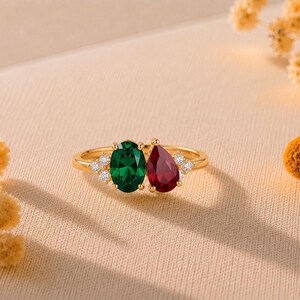 Toi Et Moi Smaragd Robijn Ring: Ovaal, Peervormig, Sterling Zilveren Verlovingsring