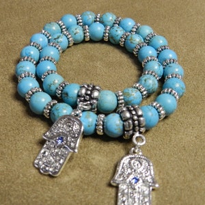 Mommy and Me Light Blue Chalk Turquoise Stretch Bracelet with Hamsa Charm