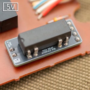 Può includere: Un modulo PCB di interfaccia a relè reed nero montato su una scheda a circuito stampato marrone. Il componente presenta il testo REED RELAY INTERFACE PCB e REV. A DMS stampato sulla superficie. Un riquadro bianco con il testo 5V è visibile in alto a sinistra.