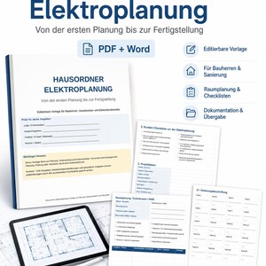 May include: A digital electrical planning binder titled Hausordner Elektroplanung with PDF and Word templates. Includes checklists for room planning, project data, and circuit descriptions, displayed alongside a tablet showing a floor plan.
