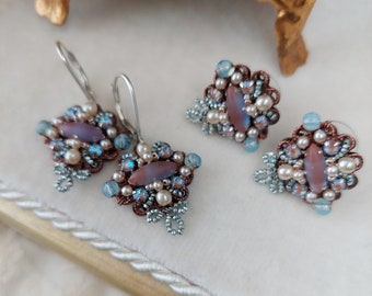 Sapphirine EARRINGS (Saphiret or Sappharine) with Sparkly Rhinestones, Pearls and Crystals, Vintage Style Rhinestone Jewelry