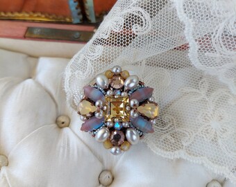 Small Saphiret Brooch with rhinestone crystals, beads and vintage style glass pearls. Sapphirine, sappharine or sapphirette cabs