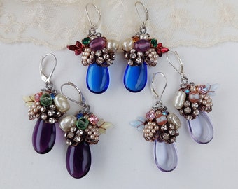 Multicolor Earrings in Vintage Style. Glass Drops and Floral Design.