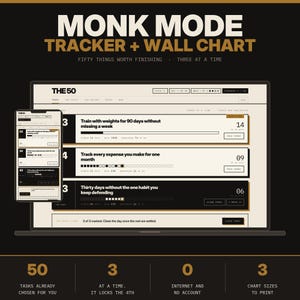 Może przedstawiać: Cyfrowy tracker Monk Mode i wykres ścienny wyświetlane na ekranie laptopa i smartfona. Interfejs posiada czarno-biało-beżową kolorystykę z tekstem, w tym Monk Mode Tracker + Wall Chart, Fifty Things Worth Finishing oraz Three at a Time. Ekrany pokazują paski postępu, listy śledzenia nawyków oraz wskaźniki ukończenia zadań.