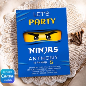 May include: A blue rectangular party invitation card featuring the text LET'S PARTY, NINJAS, and ANTHONY is turning 5. The design includes a yellow ninja mask graphic with visible eyes, and event details including date, time, and address in Austin.