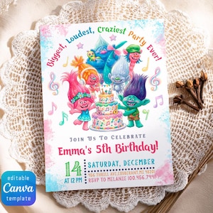 May include: A rectangular birthday invitation card featuring colorful cartoon trolls, a tiered cake, and musical notes. The text reads: Biggest, Loudest, Craziest Party Ever! Join Us To Celebrate Emma's 5th Birthday, Saturday, December 14 at 12 PM.