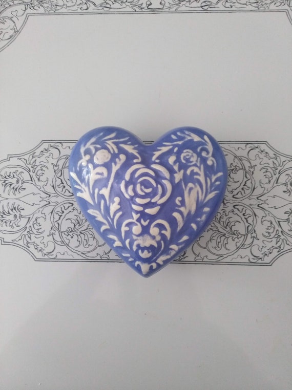 Blue and White Floral Rose Ceramic Heart Valentin… - image 1
