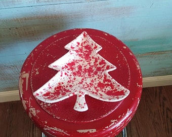 Vintage handmade white and red speckled Christmas fir pine tree ceramic candy dish