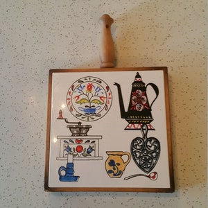 Mid Century wood and ceramic Trivet Wall hanging plaque colorful coffee kitchen themes