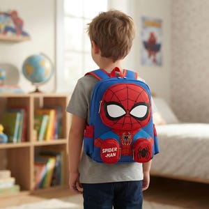 May include: A blue and red backpack featuring a large Spider-Man mask graphic on the front pocket, white eyes, a small spider emblem, and the text SPIDER-MAN printed in white on a lower pocket, with two side pockets and adjustable shoulder straps.