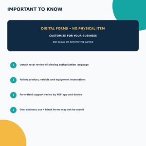 Op de afbeelding: Een digitale informatiegrafiek met de titel IMPORTANT TO KNOW. Het vermeldt DIGITAL FORMS • NO PHYSICAL ITEM, CUSTOMIZE FOR YOUR BUSINESS, NOT LEGAL OR AUTOMOTIVE ADVICE. Vier opsommingstekens met blauwgroene i-iconen tonen disclaimers.