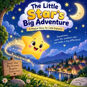 May include: A book cover titled The Little Star's Big Adventure, A Magical Story for Little Explorers. It features a smiling yellow star character, a crescent moon, and a night landscape with a lake, village, and a wooden sign with text.