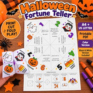May include: A printable Halloween fortune teller paper craft featuring a ghost, vampire, pumpkin, and candy corn. The sheet includes folding instructions, numbered sections, and jokes. Text includes Halloween Fortune Teller, Print Cut Fold Play, and A4 + US Letter.