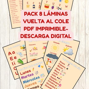 Pack 8 Láminas Educativas Vuelta al Cole Imprimibles, Decoración Aula y Casa, Abecedario, Días de la Semana, Meses, Tiempo, Infantil