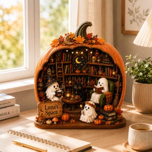 Może przedstawiać: Dekoracyjna diorama w kształcie dyni przedstawiająca miniaturowe wnętrze biblioteki z trzema figurkami duchów, czarnym kotem i książkami. Drewniany znak na pierwszym planie ma napis Luna's Space. Scena jest oświetlona ciepłymi światłami i jesiennymi liśćmi.