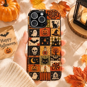 Halloween Patchwork Phone Case,Cute Fall Pumpkin Ghost Bat iPhone Case,Spooky Autumn Phone Cover,Halloween Gift,Cozy Cottagecore Autumn Case