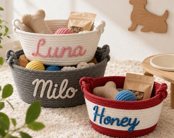 Personalized Dog Toy Basket, Custom Woven Cotton Rope Storage Bin with Pet Name, Cat Toy Organizer, Unique Puppy Gift, Pet Room Decor