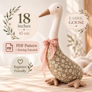 May include: A fabric goose doll measuring 18 inches tall, featuring a cream-colored head, a brown beak, and a body covered in a green floral daisy print. The goose wears a pink ribbon bow around its neck and has tan fabric feet.