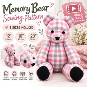 Patrón de costura de osito de peluche en PDF / Patrón de osito de peluche / Patrón de osito de peluche / 3 tamaños / Videotutorial