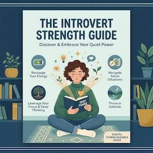 Op de afbeelding: Een digitale gids getiteld The Introvert Strength Guide: Discover & Embrace Your Quiet Power. De omslag toont een persoon in kleermakerszit die een boek leest, omringd door iconen en teksten over energie, sociale situaties en focus.