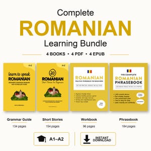 Pode incluir: Um pacote completo de aprendizagem de romeno com quatro livros, quatro PDFs e quatro EPUBs. O conjunto inclui um guia de gramática, contos, um livro de exercícios e um guia de conversação para níveis A1-A2, com capas de cor amarela.