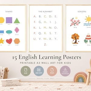 Pode incluir: Três cartazes educativos com formas, o alfabeto e as estações do ano. O cartaz de formas exibe figuras geométricas coloridas com legendas. O cartaz do alfabeto lista as letras de A a Z. O cartaz das estações ilustra primavera, verão, outono e inverno.