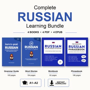 Op de afbeelding: Een compleet Russisch leerpakket met vier boeken, vier PDF's en vier EPUB's. De set bevat een grammaticagids, korte verhalen, een werkboek en een taalgids voor A1-A2 niveaus, beschikbaar als een directe download voor de gebruiker.