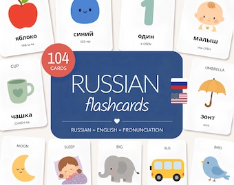 Russian Flashcards for Kids, Printable Bilingual First Words With Pronunciation, Minimalist Design