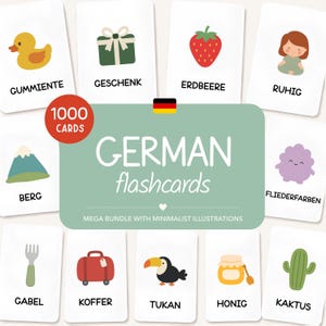 Puede incluir: Una colección de tarjetas educativas con ilustraciones de un pato de goma, regalo, fresa, persona, montaña, nube morada, tenedor, maleta, tucán, miel y cactus con etiquetas de texto en alemán y un letrero central que dice 1000 CARDS GERMAN flashcards.