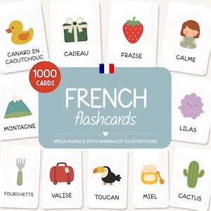 Puede incluir: Una colección de tarjetas didácticas blancas con ilustraciones coloridas y etiquetas en francés. El letrero azul central muestra el texto 1000 CARDS FRENCH flashcards MEGA BUNDLE WITH MINIMALIST ILLUSTRATIONS. Las tarjetas individuales muestran un pato amarillo, un regalo verde, una fresa roja, una persona, una montaña, una nube morada, un tenedor, una maleta roja, un tucán, un tarro de miel y un cactus verde.