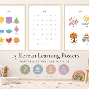 Op de afbeelding: Drie educatieve posters met leermiddelen voor de Koreaanse taal. De linker poster toont kleurrijke vormen, de middelste poster toont Hangul-tekens en de rechter poster illustreert de vier seizoenen met iconen en Koreaanse tekst.