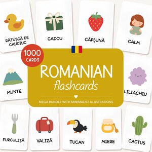 May include: A set of Romanian flashcards featuring 1000 cards with illustrations of a duck, gift, strawberry, person, mountain, purple cloud, fork, suitcase, toucan, honey, and cactus, with text labels for each item in a white and gold box.