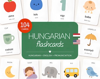 Hungarian Flashcards for Kids, Printable Bilingual First Words With Pronunciation, Minimalist Design