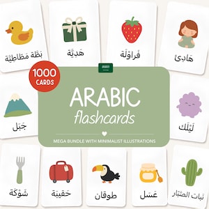 May include: A set of 1000 Arabic flashcards featuring colorful illustrations of objects like a duck, strawberry, mountain, and cactus. Each card displays a simple graphic and the corresponding Arabic word. The central label reads ARABIC flashcards.