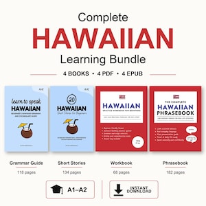 Könnte beinhalten: Ein komplettes Hawaiianisch-Lernpaket mit 4 Büchern, 4 PDFs und 4 EPUBs. Das Set enthält einen Grammatikratgeber, Kurzgeschichten, ein Übungsbuch und ein Sprachführer für die Niveaustufen A1-A2 mit sofortigem Download.
