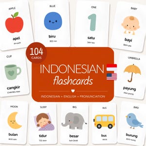 May include: A set of 104 educational flashcards featuring Indonesian and English vocabulary with pronunciation guides. The cards display colourful illustrations of an apple, blue circle, number one, baby, cup, umbrella, moon, sleeping child, elephant, bus, and bird.